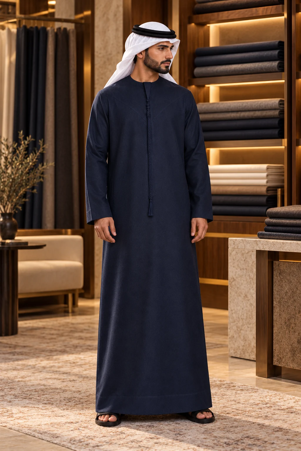 أناقة كندورة إماراتية شتوية كحلية